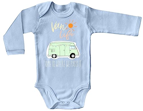 Blauer-Storch Baby Body in Hellblau Van Life, Campingplatz, Home is where we park it Geschenk für kleine Camper Langarm Bio Baumwolle von Blauer-Storch