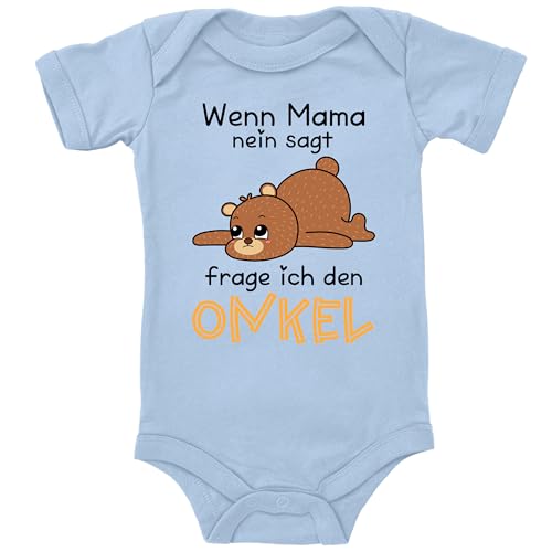 Blauer-Storch Baby Body in Hellblau Wenn Mama nein sagt, frage ich den Onkel, Kleiner Teddybär Geschenk zur Geburt vom Onkel für Kleinkind Kurzarm Bio Baumwolle von Blauer-Storch