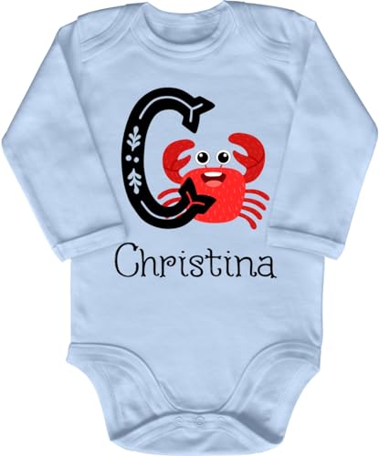 Blauer-Storch Baby Body in Hellblau mit personalisiertem Namen und Anfangsbuchstabe, Meerestier Kleine Krabbe Spruch Geschenk zur Geburt zum Geburtstag für Kleinkind Langarm Bio Baumwolle von Blauer-Storch