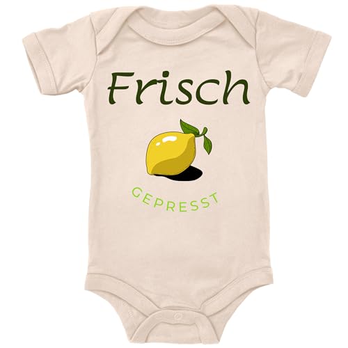Blauer-Storch Baby Body in Natur Frisch gepresst! Motiv mit Zitrone Lustiger Spruch zur Geburt für Kleinkind Kurzarm Bio Baumwolle von Blauer-Storch