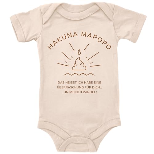 Blauer-Storch Baby Body in Natur Hakuna Mapopo! Ich habe eine Überraschung für dich in meiner Windel Lustiger Spruch zur Geburt für Kleinkind Kurzarm Bio Baumwolle von Blauer-Storch