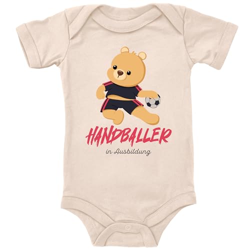 Blauer-Storch Baby Body in Natur Handballer Teddybär in Ausbildung Süßes Handball Geschenk zur Geburt Geburtstag für den Handballspieler Nachwuchs Kurzarm Bio Baumwolle von Blauer-Storch