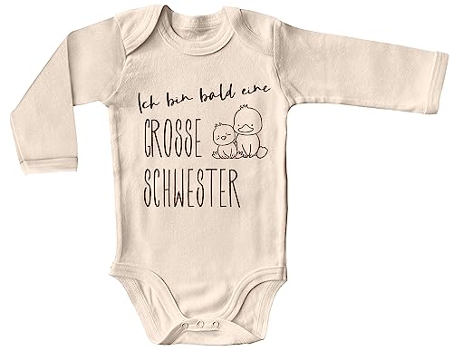 Blauer-Storch Baby Body in Natur Ich bin bald eine große Schwester, Kücken Ankündigung einer Schwangerschaft Langarm Bio Baumwolle von Blauer-Storch