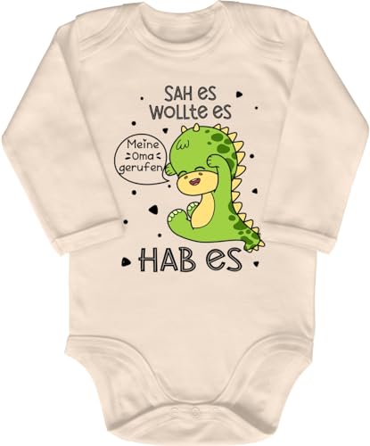 Blauer-Storch Baby Body in Natur Kleiner Dino, Hab meine Oma gerufen, Sah es...wollte es...hab es Spruch Geschenk zur Geburt zum Geburtstag für Kleinkind Langarm Bio Baumwolle von Blauer-Storch