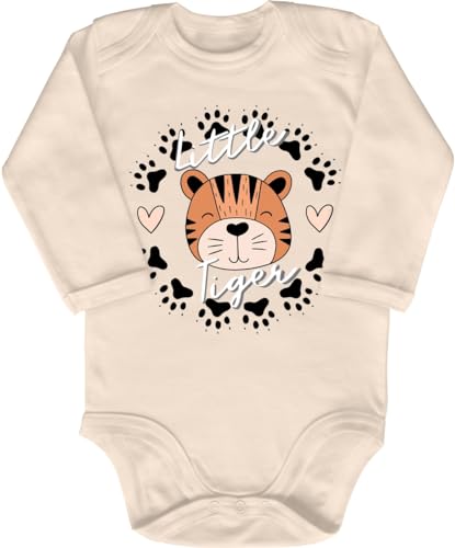 Blauer-Storch Baby Body in Natur Little Tiger, kleiner Süßer Tiger, Pfoten und Herzen Spruch Geschenk zur Geburt zum Geburtstag für Kleinkind Langarm Bio Baumwolle von Blauer-Storch