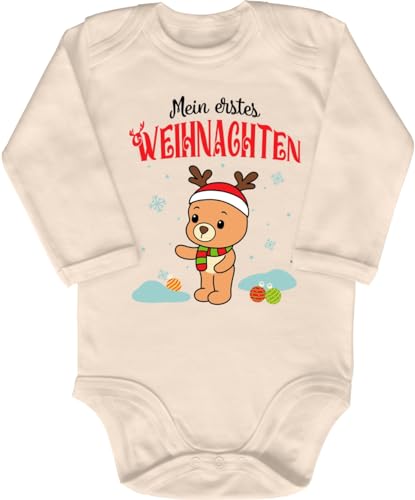 Blauer-Storch Baby Body in Natur Mein Erstes Weihnachten, Rentier Teddybär Spruch Geschenk zum ersten Weihnachtsfest für Kleinkind Langarm Bio Baumwolle von Blauer-Storch