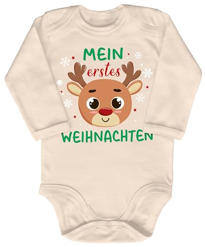 Blauer-Storch Baby Body in Natur Mein Erstes Weihnachten Rentier mit Roter Nase Geschenk zu Weihnachten, Nikolaus für Kleinkind Langarm Bio Baumwolle von Blauer-Storch