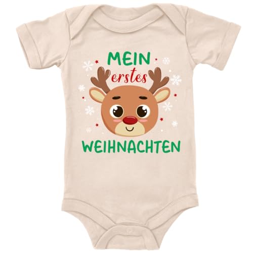 Blauer-Storch Baby Body in Natur Mein Erstes Weihnachten Rentier mit Roter Nase Spruch Geschenk zu Weihnachten, Nikolaus für Kleinkind Kurzarm Bio Baumwolle von Blauer-Storch