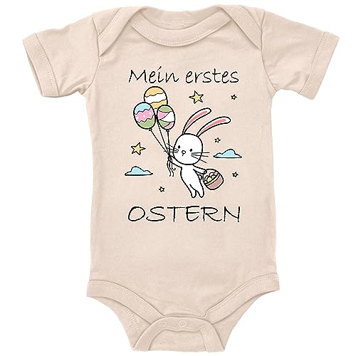 Blauer-Storch Baby Body in Natur Mein erstes Ostern, Osterhase fliegt davon Geschenk zum ersten Osterfest für Kleinkind Kurzarm Bio Baumwolle von Blauer-Storch