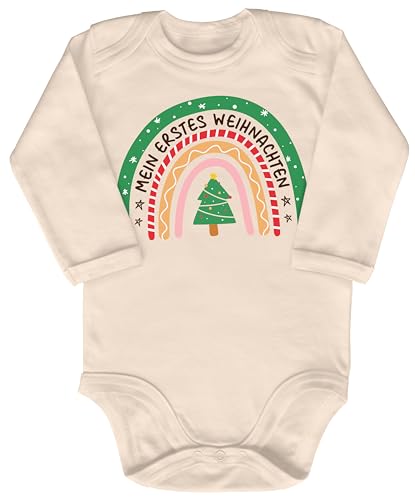 Blauer-Storch Baby Body in Natur Mein erstes Weihnachten, Weihnachtsbogen, Weihnachtlicher Regenbogen überm Tannenbaum Geschenk zu Weihnachten, Nikolaus für Kleinkind Langarm Bio Baumwolle von Blauer-Storch
