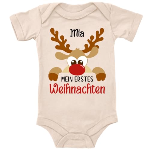 Blauer-Storch Baby Body in Natur Mein erstes Weihnachten Rentier mit Wunschnamen personalisiert Spruch Geschenk zu Weihnachten für Kleinkind Kurzarm Bio Baumwolle von Blauer-Storch