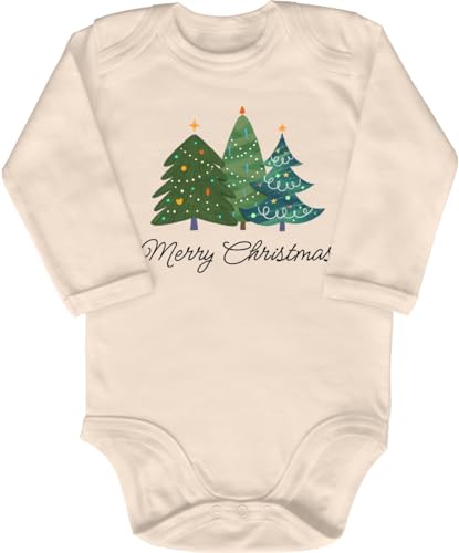 Blauer-Storch Baby Body in Natur Merry Christmas geschmückte Tannenbäume Weihnachtsbaum Sterne Geschenk zu Weihnachten für Kleinkind Langarm Bio Baumwolle von Blauer-Storch