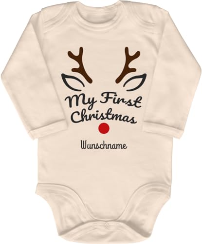 Blauer-Storch Baby Body in Natur My first christmas Mein erstes Weihnachten Rentiergeweih mit roter Nase mit Wunschnamen personalisiert Geschenk zu Weihnachten für Kleinkind Langarm Bio Baumwolle von Blauer-Storch