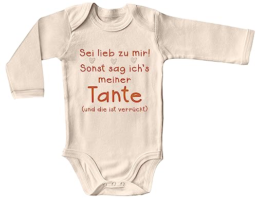 Blauer-Storch Baby Body in Natur Sei lieb zu mir! Sonst sag ich's meiner Tante Herzen verrückte Tante Geschenk für Kleinkind Kurzarm Bio Baumwolle von Blauer-Storch