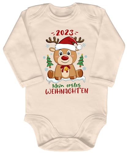 Blauer-Storch Baby Body in Natur Teddybär feiert 2023 sein/Mein 1. Weihnachten Geschenk zu Weihnachten, Nikolaus für Kleinkind Langarm Bio Baumwolle von Blauer-Storch