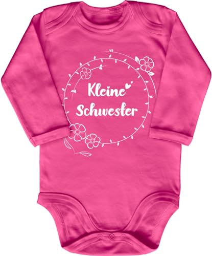 Blauer-Storch Baby Body in Pink Kleine Schwester, Blumenkranz Spruch Geschenk zur Geburt zum Geburtstag für Kleinkind Langarm Bio Baumwolle von Blauer-Storch