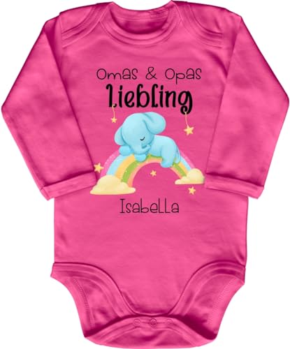 Blauer-Storch Baby Body in Pink Liebling von Oma und Opa, kleiner Elefant auf Regenbogen, mit Wunschname personalisiert Spruch Geschenk zur Geburt zum Geburtstag für Kleinkind Langarm Bio Baumwolle von Blauer-Storch