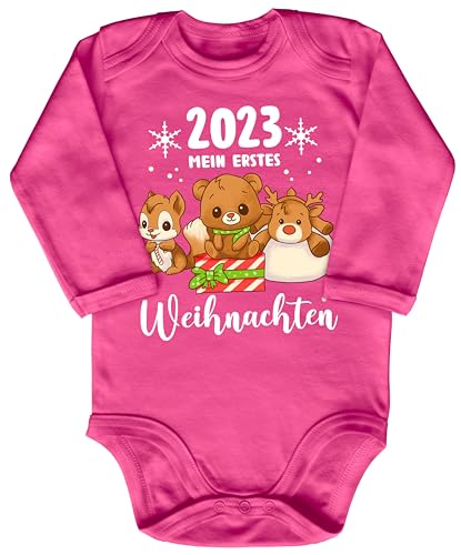 Blauer-Storch Baby Body in Pink Mein erstes Weihnachten 2023, Rentier, Teddybär und Eichhörnchen Geschenk zu Weihnachten, Nikolaus für Kleinkind Langarm Bio Baumwolle von Blauer-Storch