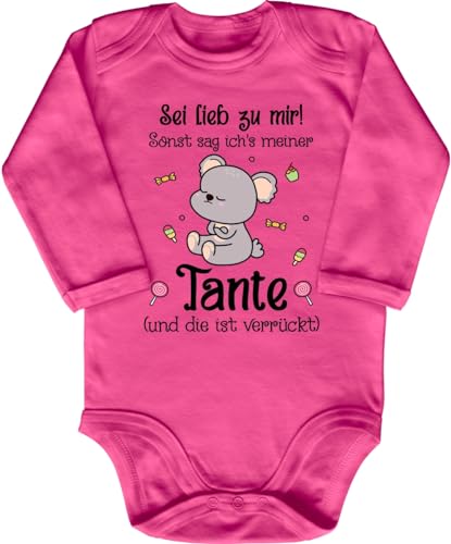 Blauer-Storch Baby Body in Pink Sei lieb zu mir! Sonst sag ich`s meiner Tante und die ist verrückt, Koala mit Süßigkeiten Geschenk von der Tante an die Nichte oder Neffen Langarm Bio Baumwolle von Blauer-Storch