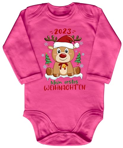 Blauer-Storch Baby Body in Pink Teddybär feiert 2023 sein/Mein 1. Weihnachten Geschenk zu Weihnachten, Nikolaus für Kleinkind Langarm Bio Baumwolle von Blauer-Storch