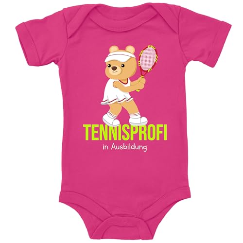 Blauer-Storch Baby Body in Pink Tennisprofi Teddybär in Ausbildung Süßes Tennis Geschenk zur Geburt oder Geburtstag für den Tennisspieler Nachwuchs Kurzarm Bio Baumwolle von Blauer-Storch