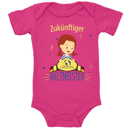 Blauer-Storch Baby Body in Pink Zukünftiger Weltmeister, Champion Geschenk für den Weltmeister von Morgen, Sport Kurzarm Bio Baumwolle von Blauer-Storch