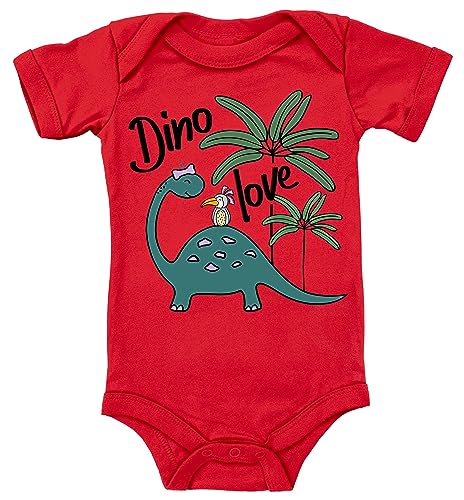 Blauer-Storch Baby Body in Rot Dino Love, kleiner Süßer Dino mit Vogel auf dem Rücken Spruch Geschenk zur Geburt zum Geburtstag für Kleinkind Kurzarm Bio Baumwolle von Blauer-Storch