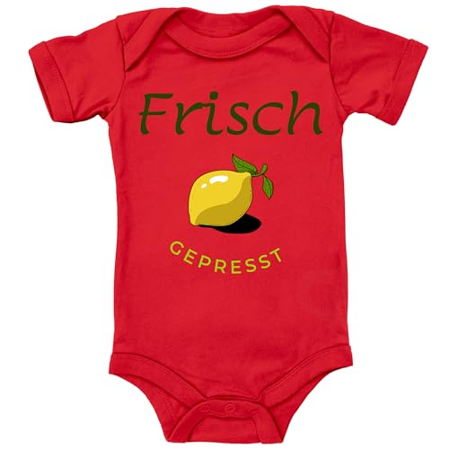 Blauer-Storch Baby Body in Rot Frisch gepresst! Motiv mit Zitrone Lustiger Spruch zur Geburt für Kleinkind Kurzarm Bio Baumwolle von Blauer-Storch