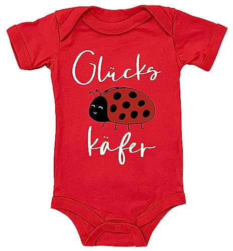 Blauer-Storch Baby Body in Rot Glücks Käfer, Süßer Marienkäfer bringt Glück Spruch Geschenk zur Geburt zum Geburtstag für Kleinkind Kurzarm Bio Baumwolle von Blauer-Storch