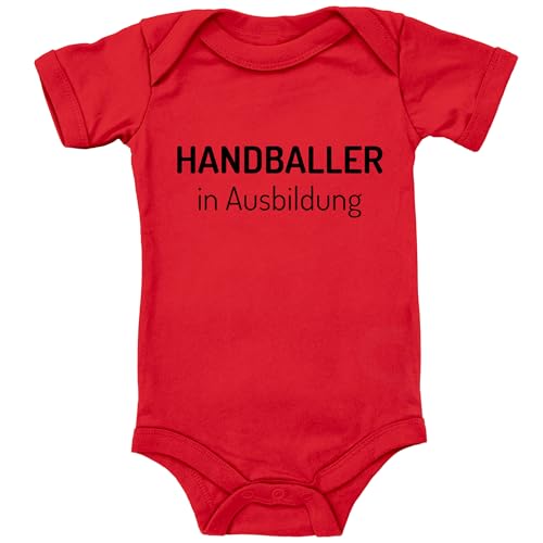 Blauer-Storch Baby Body in Rot Handballer in Ausbildung Geschenk für den Handball Nachwuchs zur Geburt oder Geburtstag für Kleinkind Kurzarm Bio Baumwolle von Blauer-Storch