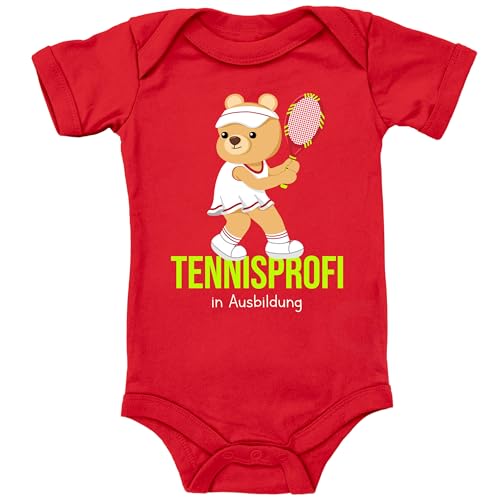 Blauer-Storch Baby Body in Rot Tennisprofi Teddybär in Ausbildung Süßes Tennis Geschenk zur Geburt oder Geburtstag für den Tennisspieler Nachwuchs Kurzarm Bio Baumwolle von Blauer-Storch