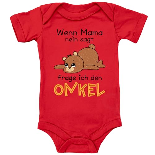 Blauer-Storch Baby Body in Rot Wenn Mama nein sagt, frage ich den Onkel, Kleiner Teddybär Geschenk zur Geburt vom Onkel für Kleinkind Kurzarm Bio Baumwolle von Blauer-Storch