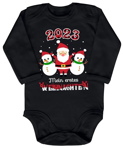 Blauer-Storch Baby Body in Schwarz 2023 Mein erstes Weihnachten, Weihnachtsmann mit Schneemännern Geschenk zu Weihnachten, Nikolaus für Kleinkind Langarm Bio Baumwolle von Blauer-Storch