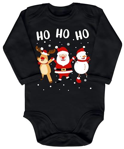 Blauer-Storch Baby Body in Schwarz Ho Ho Ho, Weihnachtsmann Schneemann und Elch Tanzen Geschenk zu Weihnachten, Nikolaus für Kleinkind Langarm Bio Baumwolle von Blauer-Storch
