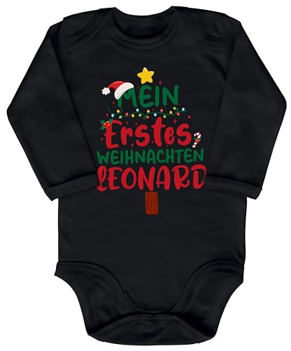 Blauer-Storch Baby Body in Schwarz Mein Erstes Weihanchten, Tannenbaum mit Wunschnamen Personalisiert Geschenk zu Weihnachten, Nikolaus für Kleinkind Langarm Bio Baumwolle von Blauer-Storch