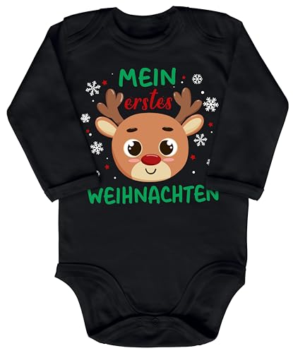 Blauer-Storch Baby Body in Schwarz Mein Erstes Weihnachten Rentier mit Roter Nase Geschenk zu Weihnachten, Nikolaus für Kleinkind Langarm Bio Baumwolle von Blauer-Storch