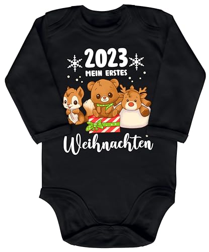 Blauer-Storch Baby Body in Schwarz Mein erstes Weihnachten 2023, Rentier, Teddybär und Eichhörnchen Geschenk zu Weihnachten, Nikolaus für Kleinkind Langarm Bio Baumwolle von Blauer-Storch