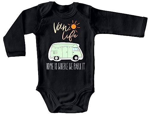 Blauer-Storch Baby Body in Schwarz Van Life, Campingplatz, Home is where we park it Geschenk für kleine Camper Langarm Bio Baumwolle von Blauer-Storch