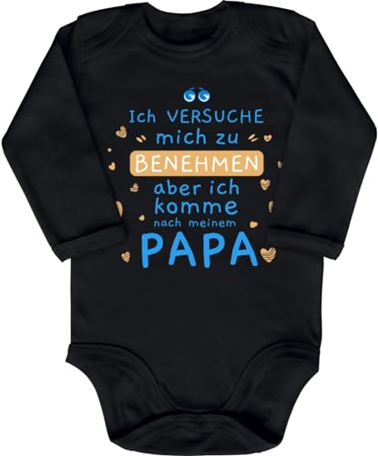 Blauer-Storch Baby Body in Schwarz Versuche mich zu benehmen, aber ich komme nach meinem Papa Spruch Geschenk zur Geburt zum Geburtstag für Kleinkind Langarm Bio Baumwolle von Blauer-Storch