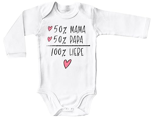 Blauer-Storch Baby Body in Weiß 50% Mama, 50% Papa, 100% Liebe Geschenk für Kleinkind Langarm Bio Baumwolle von Blauer-Storch