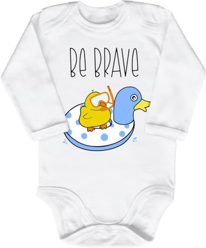 Blauer-Storch Baby Body in Weiß Be Brave Kleine Ente schwimmt in Großer Ente Spruch Geschenk zur Geburt zum Geburtstag für Kleinkind Langarm Bio Baumwolle von Blauer-Storch