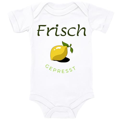 Blauer-Storch Baby Body in Weiß Frisch gepresst! Motiv mit Zitrone Lustiger Spruch zur Geburt für Kleinkind Kurzarm Bio Baumwolle von Blauer-Storch