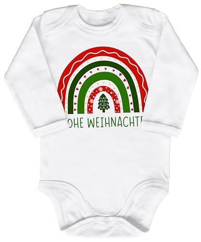 Blauer-Storch Baby Body in Weiß Frohe Weihnachten, weihnachtlicher Regenbogen, Tannenbaum Geschenk zu Weihnachten, Nikolaus für Kleinkind Langarm Bio Baumwolle von Blauer-Storch