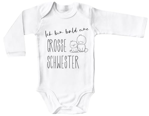 Blauer-Storch Baby Body in Weiß Ich bin bald eine große Schwester, Kücken Ankündigung einer Schwangerschaft Langarm Bio Baumwolle von Blauer-Storch