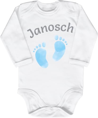 Blauer-Storch Baby Body in Weiß Kleine Füße, Fußabdruck Junge, mit Wunschname Personalisiert Spruch Geschenk zur Geburt zum Geburtstag für Kleinkind Langarm Bio Baumwolle von Blauer-Storch