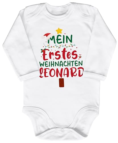 Blauer-Storch Baby Body in Weiß Mein Erstes Weihanchten, Tannenbaum mit Wunschnamen Personalisiert Geschenk zu Weihnachten, Nikolaus für Kleinkind Langarm Bio Baumwolle von Blauer-Storch