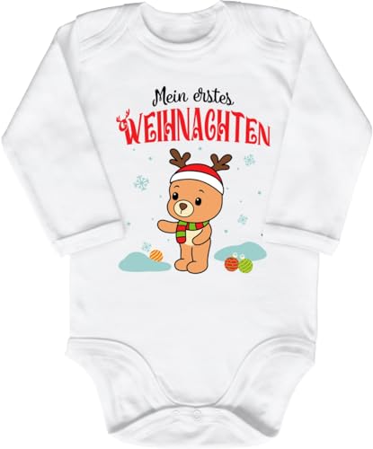 Blauer-Storch Baby Body in Weiß Mein Erstes Weihnachten, Rentier Teddybär Spruch Geschenk zum ersten Weihnachtsfest für Kleinkind Langarm Bio Baumwolle von Blauer-Storch