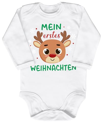 Blauer-Storch Baby Body in Weiß Mein Erstes Weihnachten Rentier mit Roter Nase Geschenk zu Weihnachten, Nikolaus für Kleinkind Langarm Bio Baumwolle von Blauer-Storch