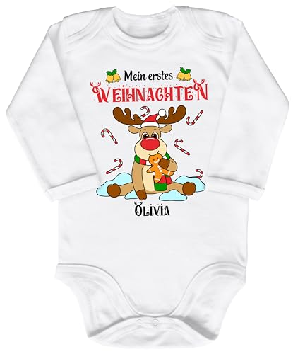 Blauer-Storch Baby Body in Weiß Mein erstes Weihnachten, Rehntier Weihnachtsgebäck mit Wunschnamen Personalisierbar Geschenk zu Weihnachten, Nikolaus für Kleinkind Langarm Bio Baumwolle von Blauer-Storch