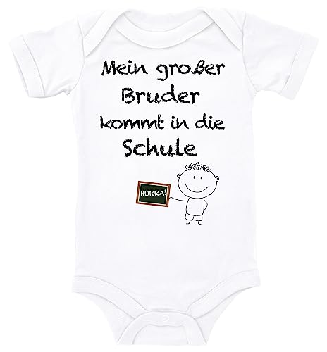 Blauer-Storch Baby Body in Weiß Mein großer Bruder kommt in die Schule, Schulstarter, Einschulung Spruch Geschenk zur Geburt zum Geburtstag für Kleinkind Kurzarm Bio Baumwolle von Blauer-Storch